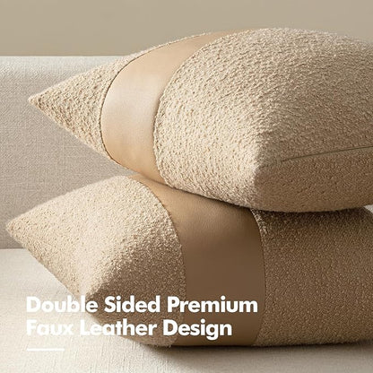 MIULEE Boucle Throw Pillow Covers 18x18 Inch Set of 2 Khaki Faux Leather Textured Decorative Pillow Cases Boho Farmhouse Accents Cushion Covers for Couch Bed Livingroom Home Decor