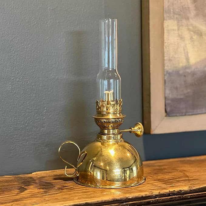 Kings County Tools Small Antique-Style Extra-Bright Oil Lamp | Brass Body with Glass Chimney | 4" Wide by 9" High