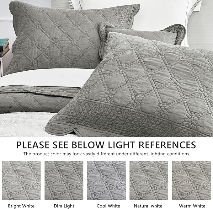 CHIXIN Oversized Cotton Bedspread King Size - Real Stitching - Luxury Quilted Bedding Cover for All Season, Reversible, Ultra Soft, Lightweight, 3 Piece, Grey