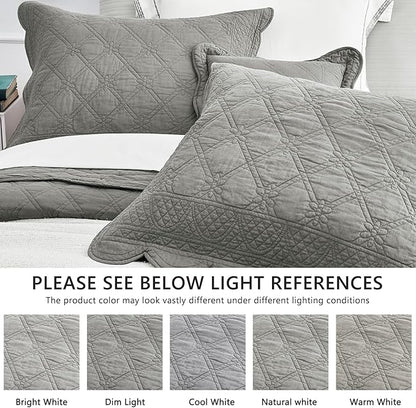 CHIXIN Oversized Cotton Bedspread King Size - Real Stitching - Luxury Quilted Bedding Cover for All Season, Reversible, Ultra Soft, Lightweight, 3 Piece, Grey