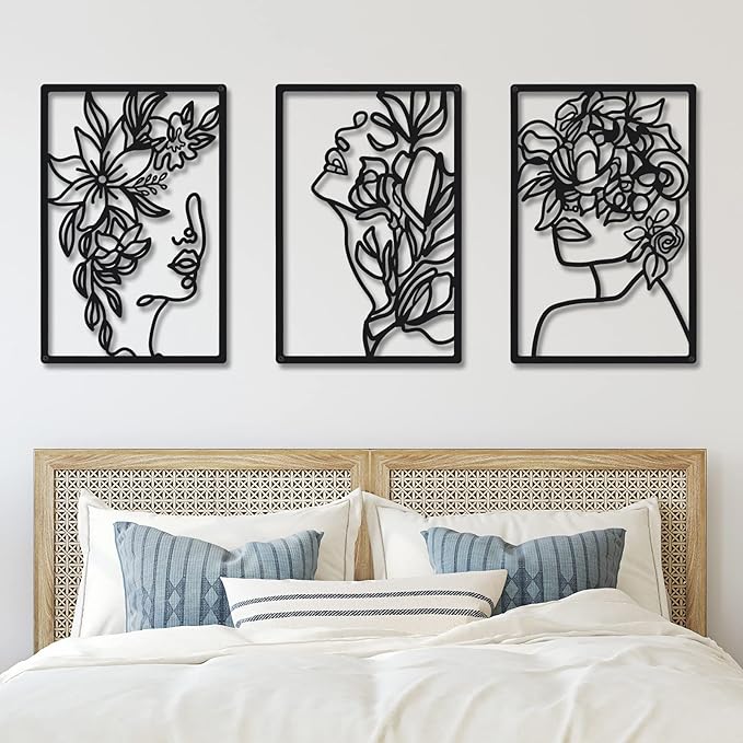 CHENGU 3 Pieces Metal Minimalist Abstract Woman Wall Art Line Drawing Wall Art Decor Single Line Female Home Hanging for Kitchen Bathroom Living Room
