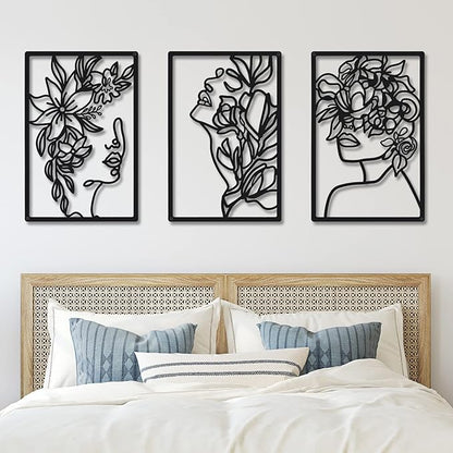 CHENGU 3 Pieces Metal Minimalist Abstract Woman Wall Art Line Drawing Wall Art Decor Single Line Female Home Hanging for Kitchen Bathroom Living Room