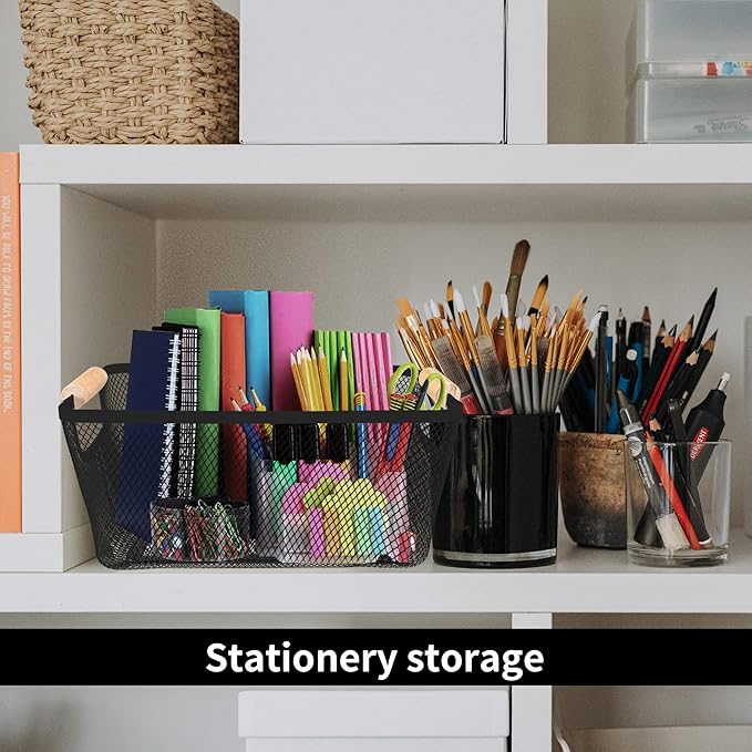 2Pack Metal Mesh Steel Basket with Bamboo Handle - Wire Metal Basket for Kitchen Organization, 12" Wide Food Organizer Bin, Perfect for Organizing Bulk Pantry (BLACK)