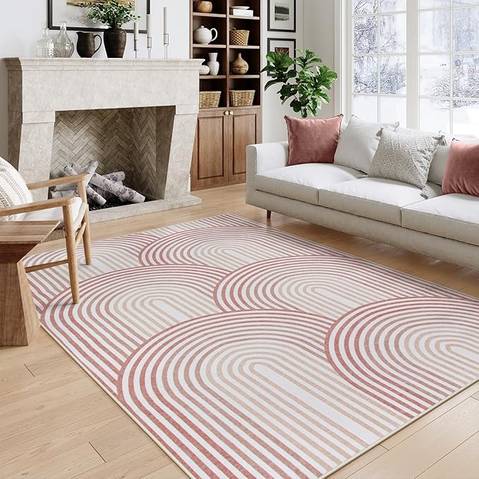 Moynesa Abstract Rainbow 5x7 Area Rugs for Living Room, Washable Soft Pink Rugs for Bedroom Girl Nursery Classroom Easy Clean, Mid Century Modern Accent Carpet for Home Office Decor
