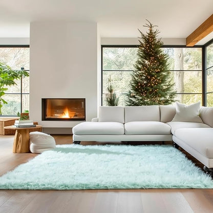 6 x 9 ft Fluffy Mint Green Rug – Large Faux Fur Area Rug for Bedroom, Living Room, or Dining Room – Plush Faux Sheepskin Accent