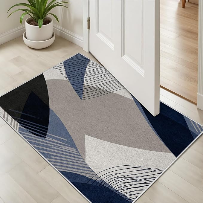 Abstract Art Line Living Room Area Rugs 4x6, Modern Boho Geometric Print Soft Rug, Minimalist Washable Non Slip Neutral Carpet for Bedroom, Dining Room Office Playroom, Navy Blue Gray