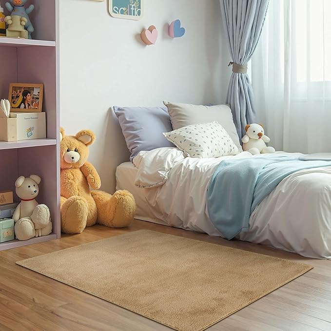 jinchan Solid Plush Area Rug 3x5 Performance Shaggy Washable Rug Indoor Soft Modern Faux Wool Cozy Non Slip Carpet for Living Room Kids Room Bedroom Dining Room Nursery Tan