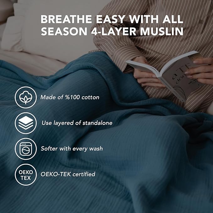Goqan Throw Blanket 55x60 – 100% Turkish Cotton 4 Layer Boho Muslin Blanket for Adults, Four Season Blanket Lightweight and Thin, Soft, Breathable for Bed, Couch, Picnic - Teal