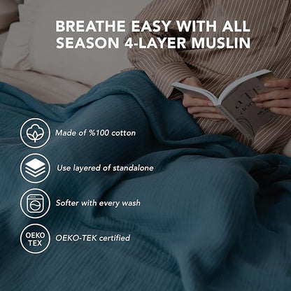 Goqan Muslin Blanket King Size 90x108 – 100% Turkish Cotton 4 Layer Boho Muslin Blanket for Adults, Four Season, Lightweight and Thin, Soft, Breathable for Bed, Couch - Teal