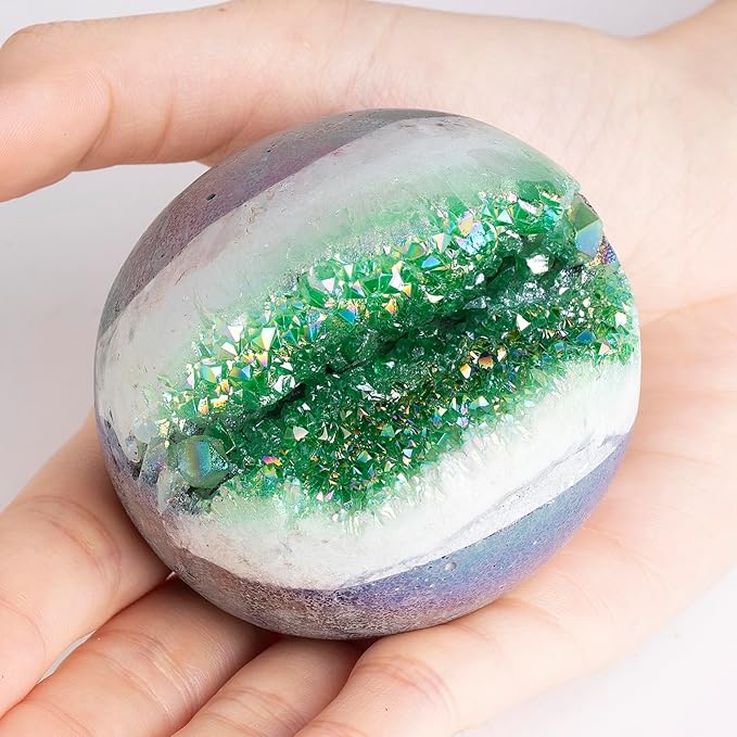 Sportmusies Titanium Coated Rock Crystal Geode Ball with Wooden Stand, Druzy Quartz Stone Cluster Sphere Reiki Home Office Decoration, Green