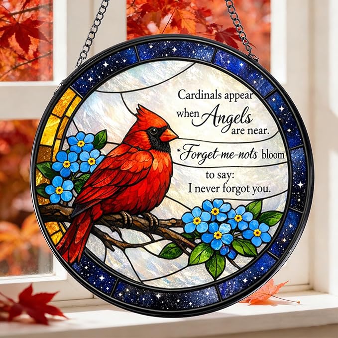 Rngmsi Cardinal Stained Glass Window Hanging, 7.8″ Sun Catchers Art Cardinal Decor Indoor Window, Decorative Suncatchers Hanging Ornaments Home Garden Gift for Housewarming Festival