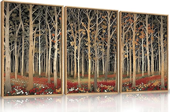 Large Modern Autumn Birch Trees Framed Canvas Wall Art,Boho Aspen Trees Wall Decor,Mid Century Fall Forest Artwork,Natural Midnight Wilderness Art Print for Living Room,Bedroom,Office-24"x36"x3