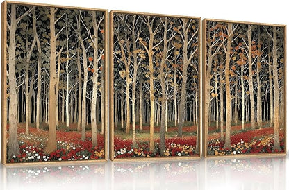 Large Modern Autumn Birch Trees Framed Canvas Wall Art,Boho Aspen Trees Wall Decor,Mid Century Fall Forest Artwork,Natural Midnight Wilderness Art Print for Living Room,Bedroom,Office-24"x36"x3