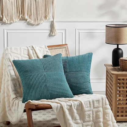 Fancy Homi 2 Packs Teal Decorative Throw Pillow Covers 16x16 Inch for Living Room Couch Bed Sofa, Rustic Farmhouse Boho Home Decor, Soft Corss Patchwork Corduroy Textured Square Cushion Case 40x40 cm