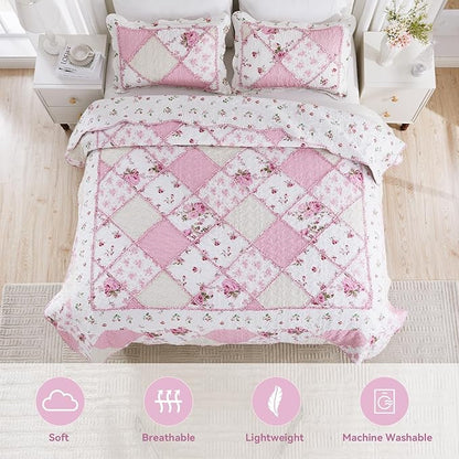 VIVILINEN Pink Patchwork Quilt Set Queen Size Reversible Quilted Bedspread Coverlet Set 3-Piece Floral Lightweight Comforter Stitched Bedding Set Bed Sheet Set Cover Blanket with 2 Pillow Shams