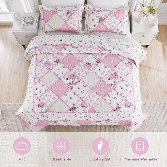 Oversized King Size Pink Floral Plaid Patchwork Quilt Set 128x120 Extra Wide Super King Size Reversible Quilted Bedspread Coverlet Set 3-Piece Comforter Bedding Set Bed Cover with 2 Pillow Shams