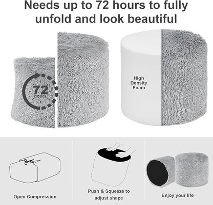 Hansleep Pouf Ottoman Foam Filled 17 x 14, Faux Fur Round Ottoman Foot Rest for Chair with Washable Cover, Foot Stools Under Desk for Living Room & Bedroom, Grey