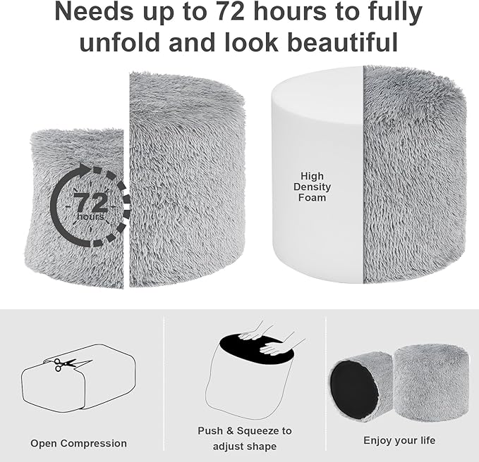 Hansleep Pouf Ottoman Foam Filled 20 x 15, Faux Fur Round Ottoman Foot Rest for Chair with Washable Cover, Foot Stools Under Desk for Living Room & Bedroom, Grey