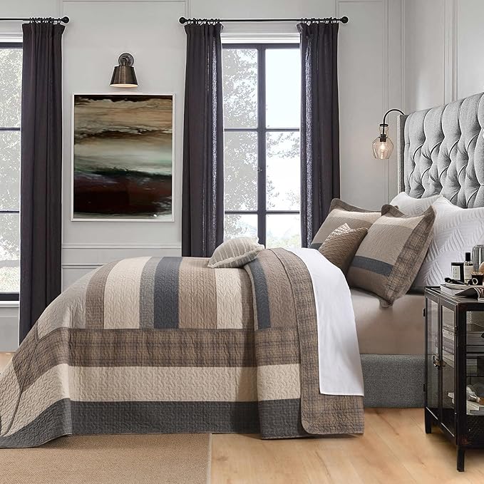 EWlinens Oversized King Bedspread Set 120"x120" - 100% Cotton Extra Large Quilts King Size, Farmhouse Patchwork Striped Plaid Bedspreads with 2 Pillow Shams, All Season, Dark Brown/Beige/Gray