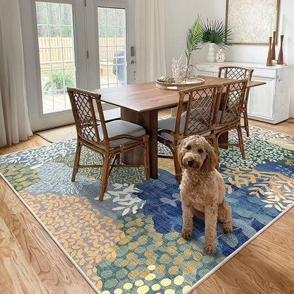 DEXDE 8x10 Area Rug, Soft Washable Abstract Area Rugs Non-Slip Vintage Boho Rug Leaves Floral Print Carpet for Living Room, Bedroom, Entryway, Office, Dining Room, Kids Playroom,Blue