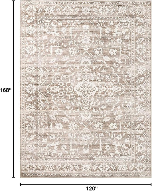 10x14 Area Rugs for Living Room Large Washable Rugs for Bedroom Floral Vintage Non-Slip Thin Area Rug Indoor Home Office Decor Light Brown