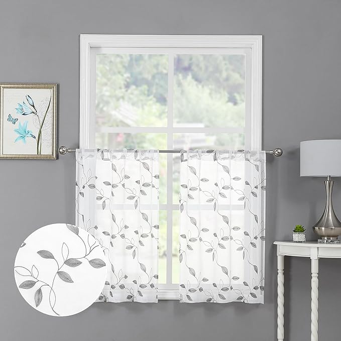 Tollpiz Grey Leaf Sheer Tier Curtain Leaves Embroidered Kitchen Curtains Rod Pocket Voile Bathroom Window Treatment for Cafe, 30 x 36 inches Long, Set of 2 Panels