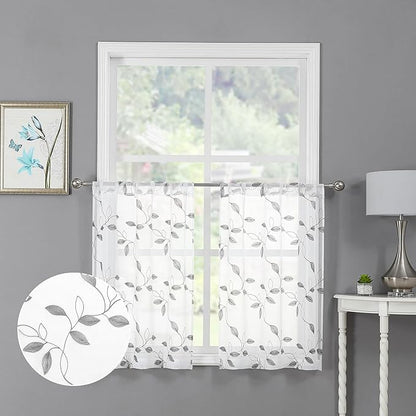Tollpiz Grey Leaf Sheer Tier Curtains Leaves Embroidered Kitchen Short Curtain Rod Pocket Voile Bathroom Curtains for Cafe, 30 x 24 inches Long, Set of 2 Panels