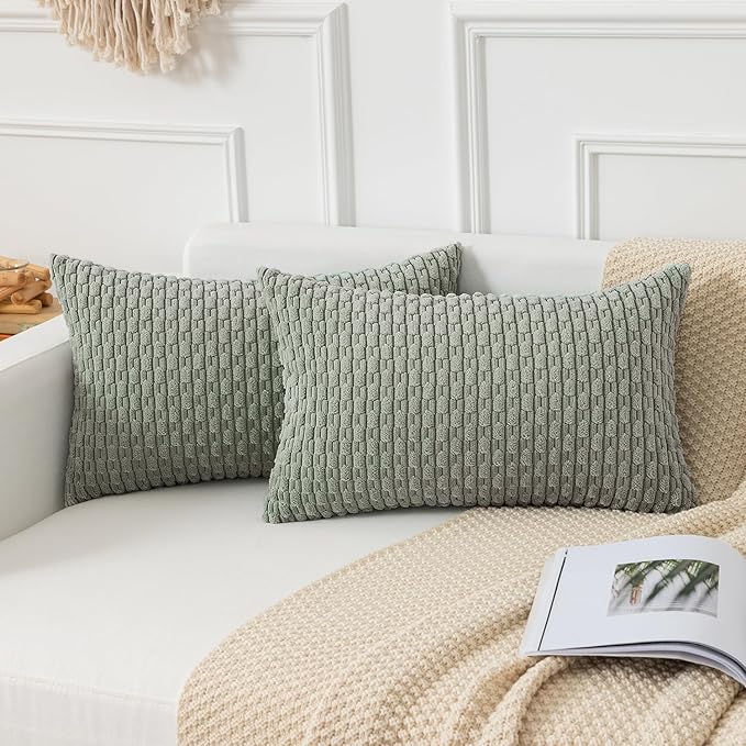 Kevin Textile 12x24 Inch Pillow Cover 1 Pack Boho Decorative Soft Striped Corduroy Lumbar Farmhouse Color Accent Rectangle Cushion Case for Living Room Couch Sofa Bed, Greyish Green
