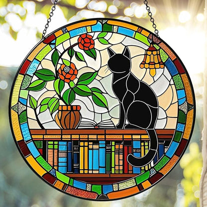 Cat Sun Catcher Stained Glass Window Hanging 9.8'', Book Lover Gifts for Women Book Wall Decor Handmade Sun Catcher Black Cat Sitting On Bookshelf Decoration for Home Room Housewarming Gifts
