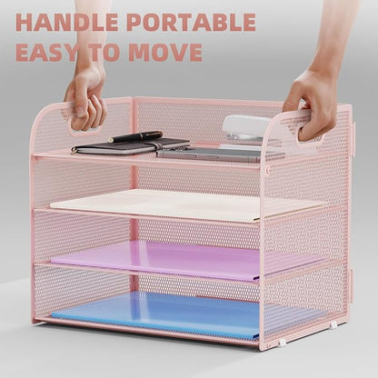 Marbrasse 2 Pack 4 Tier Paper Organizer Letter Tray - Mesh Desk File Organizer with Handle, Paper Sorter Organizer for Letter/A4 Office File Folder Holder (Pink, 12.6" x 9.1" x 10.7")