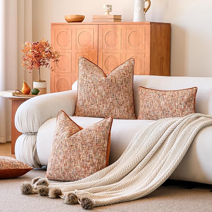 a moment Rust Orange Reversible Pillow Covers 2 Pack - Farmhouse Chenille Throw Pillows, Neutral Textured Decorative Throw Pillow Covers with Border for Couch Sofa Bed (18x18 Inch, No Insert)