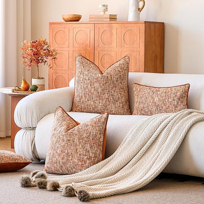 a moment Rust Orange Reversible Pillow Covers 2 Pack - Farmhouse Chenille Throw Pillows, Neutral Textured Decorative Throw Pillow Covers with Border for Couch Sofa Bed (18x18 Inch, No Insert)