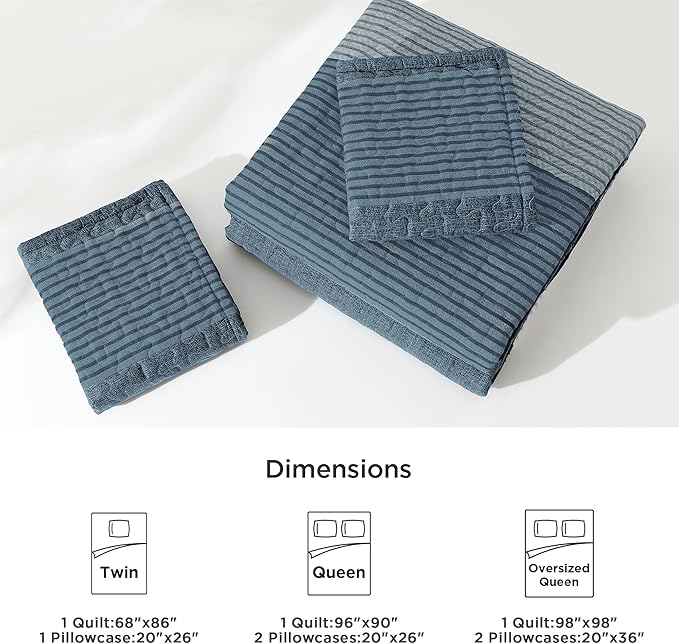 Litanika Oversized Queen Quilt Set Blue Linen, 98x98 Stripe Bedspread Coverlet 3 Pieces, Blue Linen Lightweight Quilted Bedding Set for All Season(Oversized Queen-1 Quilt, 2 Pillowcases)