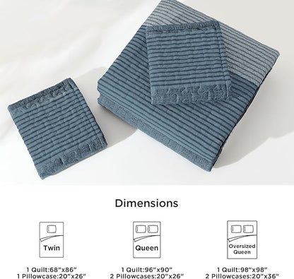 Litanika Oversized Queen Quilt Set Blue Linen, 98x98 Stripe Bedspread Coverlet 3 Pieces, Blue Linen Lightweight Quilted Bedding Set for All Season(Oversized Queen-1 Quilt, 2 Pillowcases)