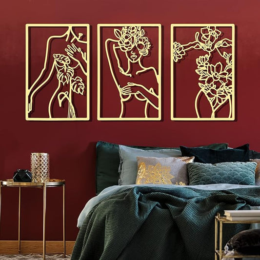CHENGU 3 Pieces Gold Wall Decor Minimalist Wall Art Metal Line Wall Art Wall Decor for Bedroom Single Line Female for Kitchen Bathroom Living Room(Simple Style)