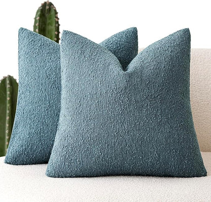 Foindtower Set of 2, Decorative Textured Boucle Throw Pillow Covers Accent Solid Pillow Cases Neutral Cozy Couch Cushion Case for Chair Sofa Bedroom Living Room Home Decor 26x26 Inch Misty Blue