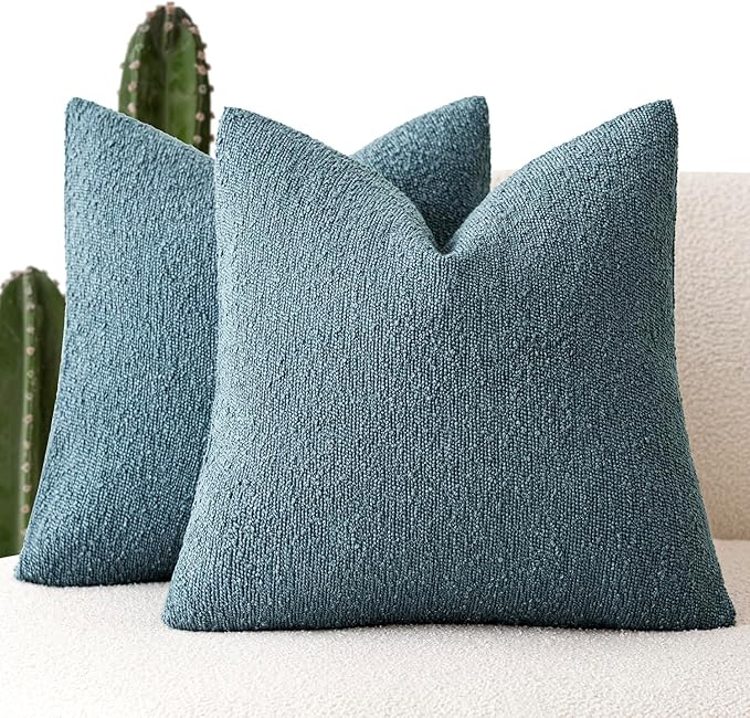 Foindtower Set of 2, Decorative Textured Boucle Throw Pillow Covers Accent Solid Pillow Cases Neutral Cozy Couch Cushion Case for Chair Sofa Bedroom Living Room Home Decor 24x24 Inch Misty Blue