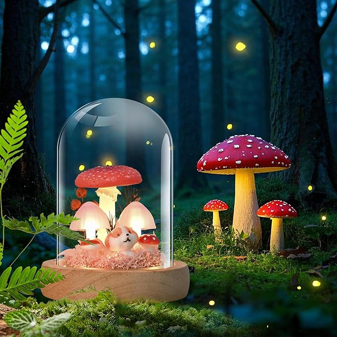QUELIEN Christmas Mushroom Lamp in Glass Dome,Mushroom Gifts for Women - Warm White LED Night Light for Bedroom Decor,Unique Gifts for Women, Housewarming Birthday Decorations（Red）