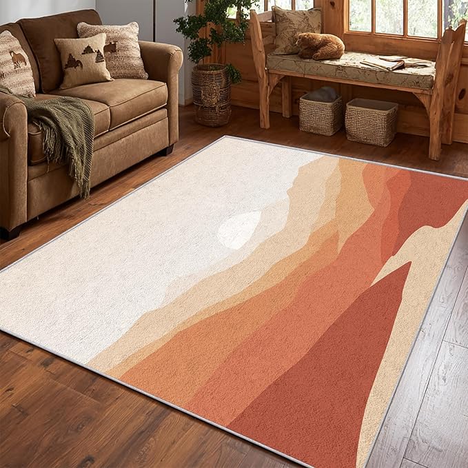 Boho Rug, 7x9 Area Rugs Terracotta Mountain Sun Minimalist Pattern for Living Room, Bedroom, Boho Home Decor Accessories Indoor Carpet, Non Slip & Machine Washable