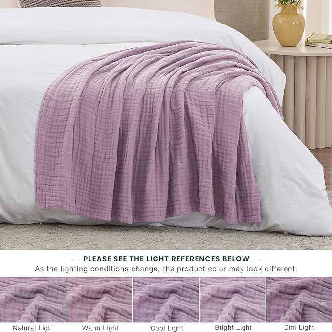 Love's cabin 6 Layer 100% Cotton Muslin Blanket, 60"x80" Twin Muslin Blanket for Couch Bed, Lightweight and Breathable Cotton Gauze for Adult, Lavender