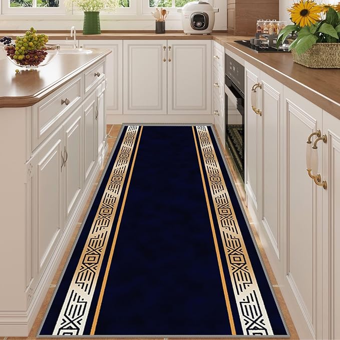 Abstract Navy Blue Runner for Entryway, 3.3x7ft, Retro Luxury Gold Geometric Border Living Room Rug, Print Fade Resistant Absorbent Dirty Resistant Long Indoor Rugs for Bedside Sofa