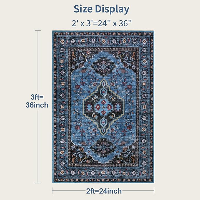Tangsoo Blue 2x3 Washable Rugs for Entryway Oriental Non Slip Small Area Rug, Vintage Indoor Front Door Rug, Print Door Mat Indoor Entrance Soft Low Pile Throw Rug for Entry Kitchen Bedroom Blue/Black
