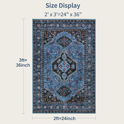Tangsoo Blue 2x3 Washable Rugs for Entryway Oriental Non Slip Small Area Rug, Vintage Indoor Front Door Rug, Print Door Mat Indoor Entrance Soft Low Pile Throw Rug for Entry Kitchen Bedroom Blue/Black