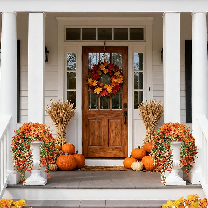 2PCS Artificial Hanging Fall Flowers for Outdoors Decorations, Orange Realistic Faux Silk Daisy with Eucalyptus, UV Resistant Fake Mums for Autumn Home Decor Patio Porch Window Box Front Door