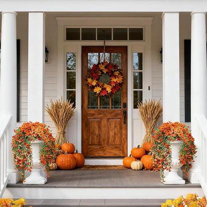 2PCS Artificial Hanging Fall Flowers for Outdoors Decorations, Orange Realistic Faux Silk Daisy with Eucalyptus, UV Resistant Fake Mums for Autumn Home Decor Patio Porch Window Box Front Door