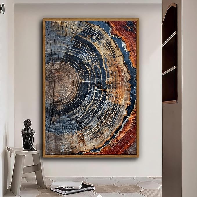 IBHJSART Framed Tree Ring Canvas Wall Art Vintage Colorful Wood Stump Painting Prints Modern Minimalist Pictures Neutral Nature Rustic Farmhouse Decor Living Room Bedroom Bathroom Office