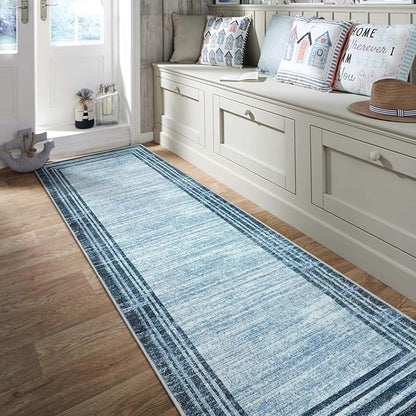 Lahome Modern Abstract Runner Rug, Washable Blue 2.5x10 Kitchen Runner Non Slip Runners for Hallways 10ft, Low-Pile Long Entryway Rug Indoor Soft Carpet Runner for Bedroom Hall