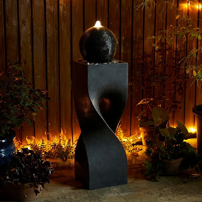 Glitzhome Modern Geometric Outdoor Water Fountain with LED Light, Oversized Pedestal Water Fountains with Submersible Pump, Sphere Floor Standing Fountain with Pebbles for Garden Patio Decor, 40.5”H