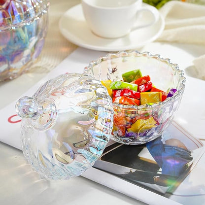 kanpura 11.5 oz Glass Candy Dish with Lid Colorful Candy Jar for Office Desk Decorative Glass Jar for Buffet, Snacks, Coffee Beans 5.5″Tall