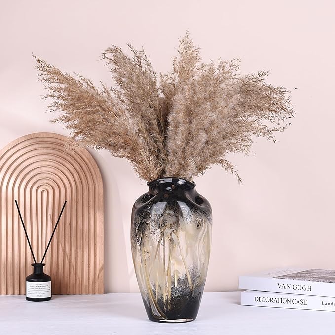 Hand Blown Smoke Glass Vase,Black Amber Vases Home Decor,Vintage Gray Glass Vase, Round Bubble Art for Flowers,Farmhouse Vases for Table Decor and Modern Home Unique Abstract Design (L)